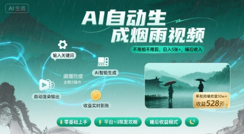 不用拍不用剪！AI自动生成烟雨视频，日入5张+，睡后收入-九天资源站