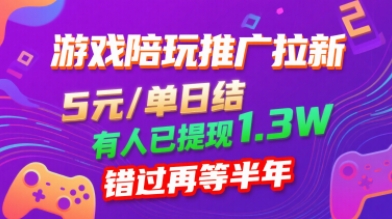 游戏陪玩推广拉新，无需回填，5米每单日结，0粉丝也能做，有人已提现1.3W，错过再等半年-九天资源站