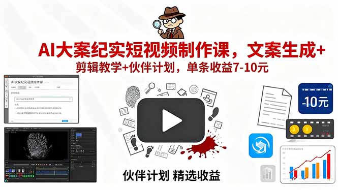 AI大案纪实短视频制作课，文案生成+剪辑教学+伙伴计划，单条收益7-10元-九天资源站