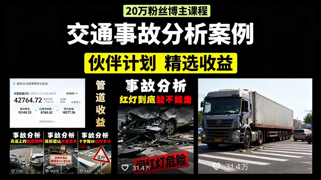 交通事故分析案例短视频，剪辑技巧+文案模板+配音教学+快速起号 月收益2w+-九天资源站