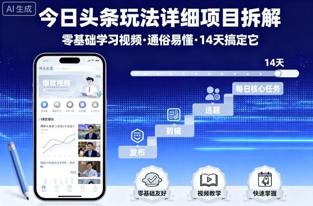 今日头条玩法详细项目拆解，零基础学习视频 通俗易懂 14天搞定它-九天资源站