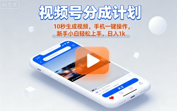 视频号分成计划懒人玩法，10秒生成视频，手机一键操作，新手小白轻松上手，日入1K【揭秘】-九天资源站