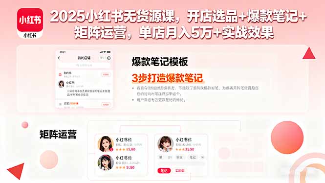 2025小红书无货源课，开店选品+爆款笔记+矩阵运营，单店月入5万+实战效果-九天资源站