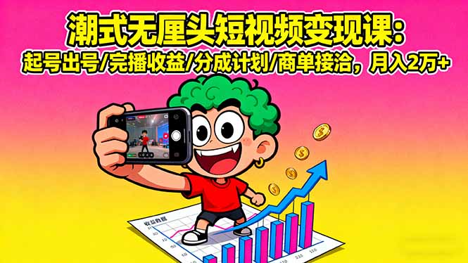 潮式无厘头短视频变现课：起号出号/完播收益/分成计划/商单接洽，月入2万+-九天资源站