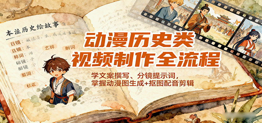 动漫历史类视频制作全流程，学文案撰写、分镜提示词，掌握动漫图生成+抠图配音剪辑-九天资源站