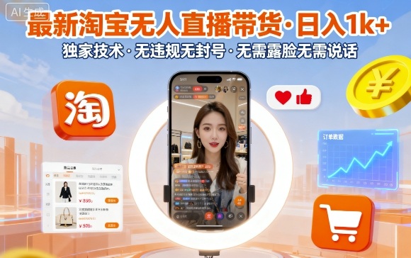 最新淘宝无人直播带货，日入1k+，独家技术，无违规无封号，无需露脸无需说话【揭秘】-九天资源站