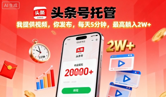 【头条号托管】我提供视频，你发布，每天5分钟，最高躺入2W+【揭秘】-九天资源站