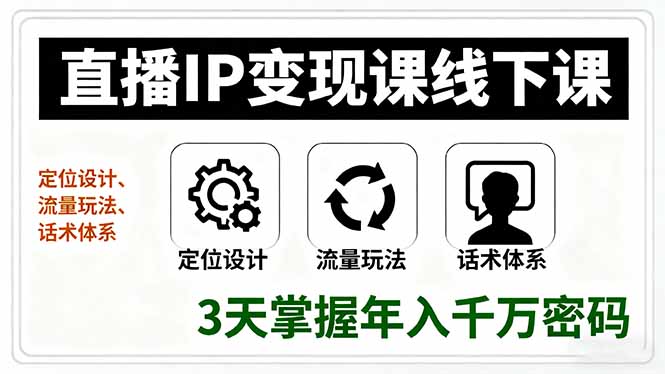直播IP变现课线下课，定位设计、流量玩法、话术体系，3天掌握年入千万密码-九天资源站