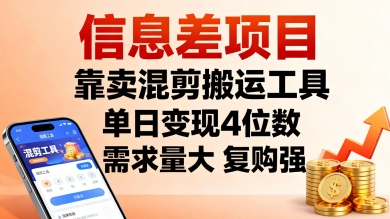 信息差项目，靠卖混剪搬运工具，单日变现4位数，需求量大，复购强，操作简单，几分钟一条视频-九天资源站
