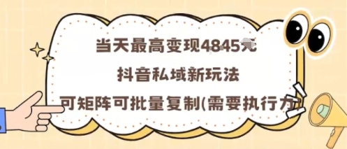 当天最高变现1k+，抖音私域新玩法，可矩阵可批量复制-九天资源站