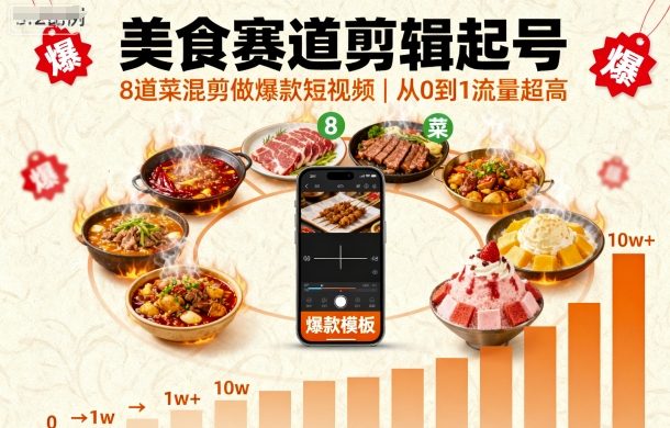 美食赛道剪辑起号，8道菜混剪做爆款短视频，从0到1，流量超高-九天资源站