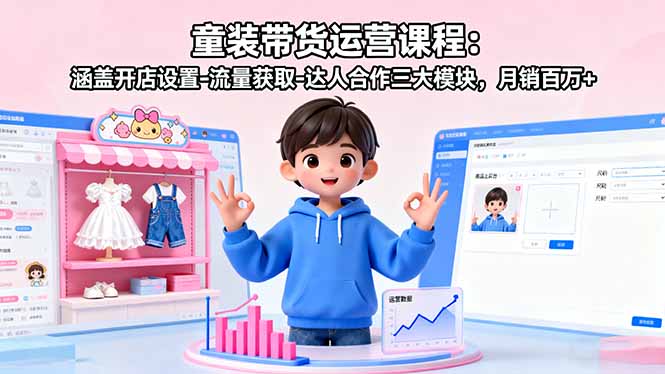 童装带货运营课程：涵盖开店设置-流量获取-达人合作三大模块，月销百万+-九天资源站