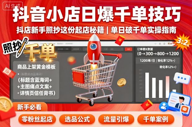 抖音小店日爆千单技巧，抖店新手照抄这份起店秘籍，单日破千单-九天资源站