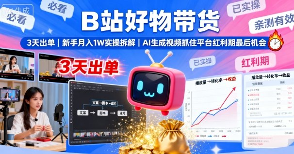 B站好物带货，3天出单，新手月入1W实操拆解，AI生成视频，抓住平台红利期最后机会-九天资源站