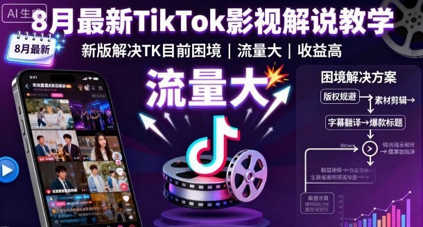 8月最新TikTok影视解说教学，新版解决TK目前困境，流量大，收益高-九天资源站
