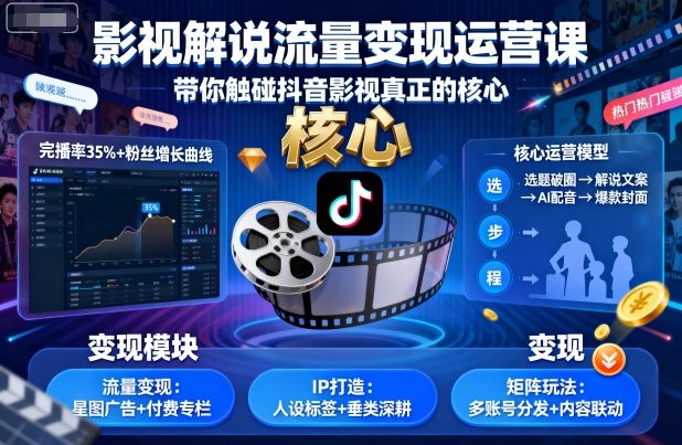 影视解说流量变现运营课，带你触碰抖音影视真正的核心-九天资源站