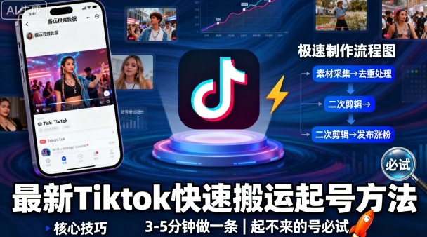 最新Tiktok快速搬运快速起号方法，3-5分钟做一条，起不来的号可以试试-九天资源站