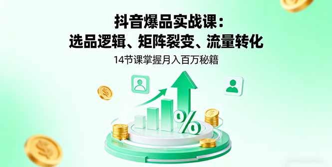 抖音爆品实战课：选品逻辑、矩阵裂变、流量转化，14节课掌握月入百万秘籍-九天资源站