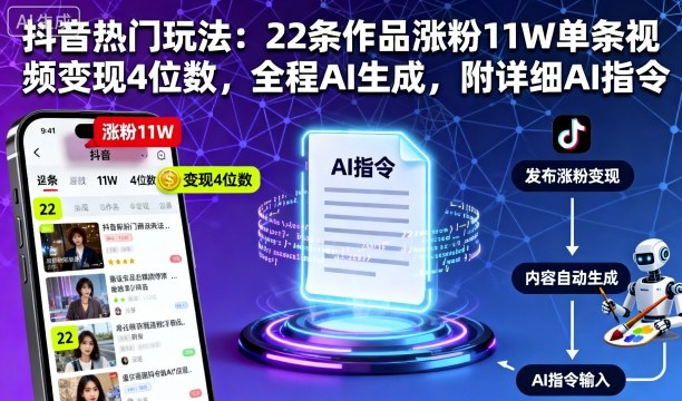 抖音热门玩法：22条作品涨粉11W单条视频变现4位数，全程AI生成，附详细AI指令-九天资源站