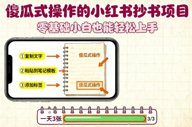 傻瓜式操作的小红书抄书项目，会复制粘贴就行，零基础小白也能一天3张-九天资源站