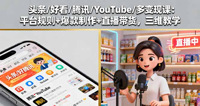 头条/好看/腾讯/YouTube/多变现课：平台规则+爆款制作+直播带货，三维教学-九天资源站