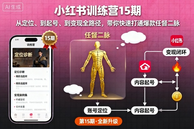 小红书训练营15期，从定位、到起号、到变现全路径，带你快速打通爆款任督二脉-九天资源站