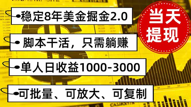 稳定8年美金掘金2.0脚本干活，只需躺赚。单人日收益1000-3000可批量、…-九天资源站