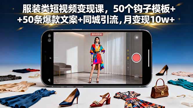 服装类短视频变现课，50个钩子模板+50条爆款文案+同城引流，月变现10w+-九天资源站