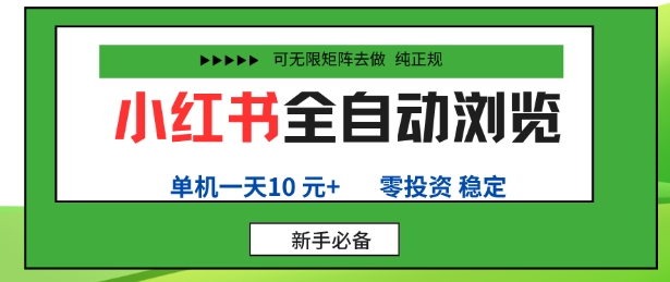 小红书全自动浏览项目，零投资，全程手机去跑，单账号一天10米+，可无限矩阵去做【揭秘】-九天资源站