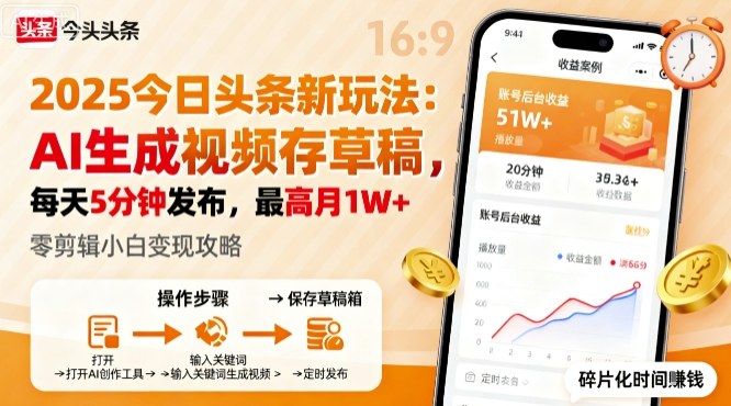 2025年今日头条躺賺新玩法，AI生成视频存草稿，每天5分钟发布，最高月1W+【揭秘】-九天资源站